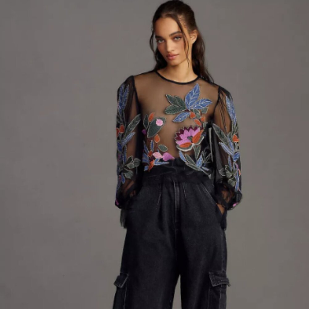 SOLD- The Layla Long-Sleeve Appliqué Mesh Blouse by Anthropologie